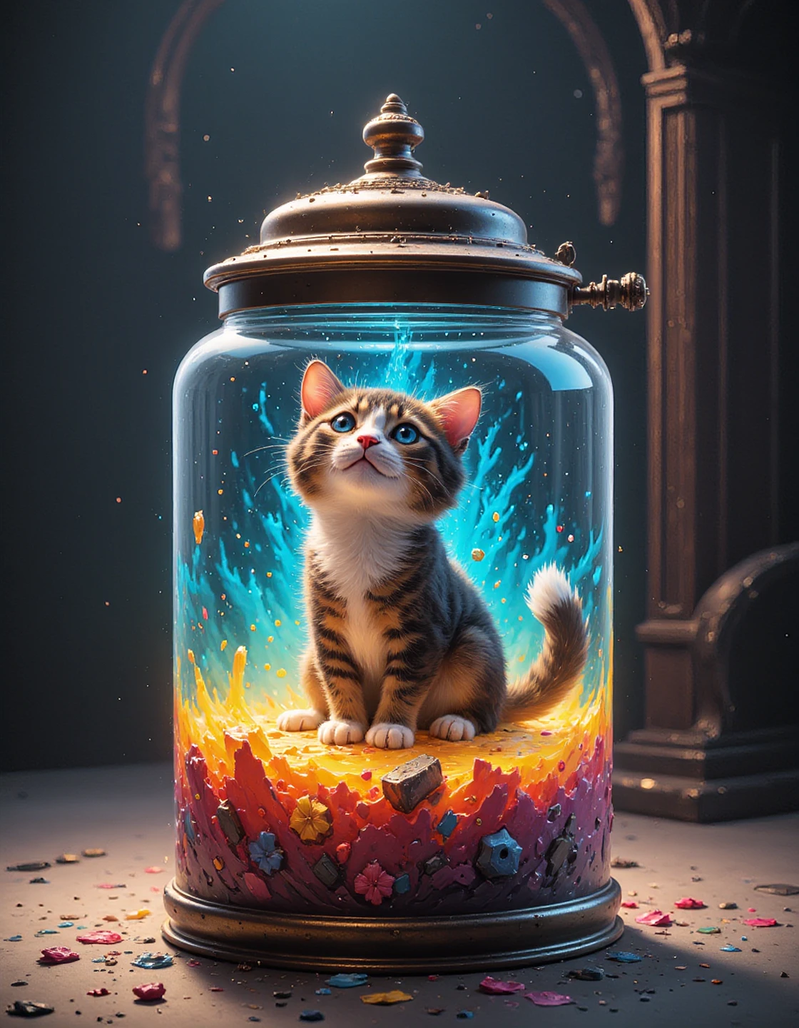 contained color, a magical container with a cute cat inside