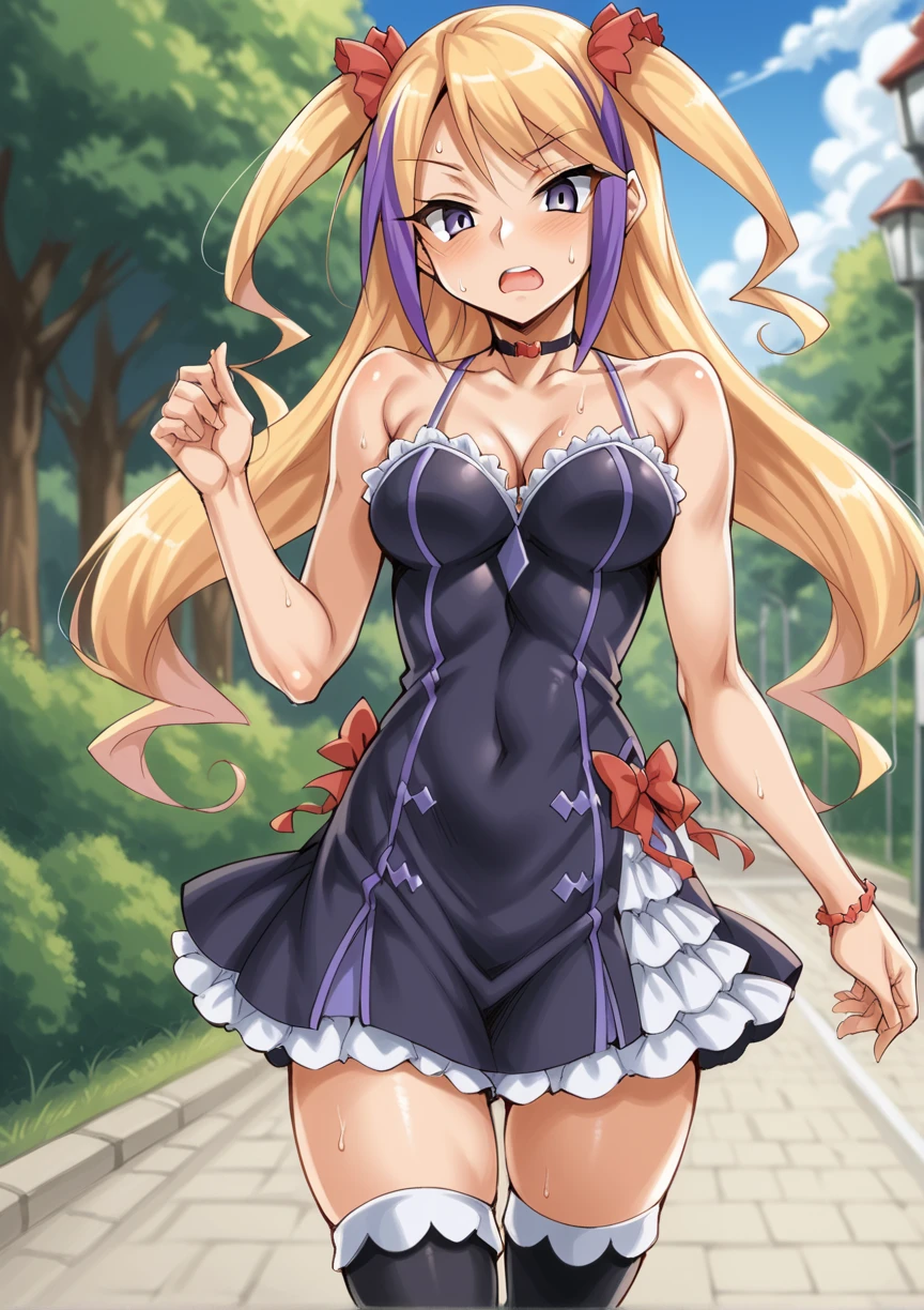 1girl, long hair, multicolored hair, blonde hair, purple hair, two side up, hair ornament, choker, wristband, short dress, thighhighs, outdoors, park, walking, holding popscilcle, sweat, licking <lora:Jacqueline_Baumgold_Dragonaut:1>, score_9, score_8_up, score_7_up, score_6_up, score_5_up, score_4_up, BREAK source_anime, masterpiece