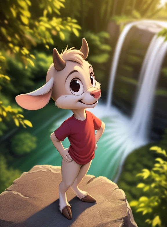 <lora:VinnieDeerLonTooYif:1> VinnieDeerLonToo, Deer, chibi, creamy fur, small antlers, brown hooves, pink nose, red t-shirt,( chibi, small body, )
Looks at the viewer, [  solo, (nature), forest, day, clouds, waterfall,  smile,]  ((Hands on hips, standing, high-angle view,))
(beautiful, aesthetic, perfect, delicate, intricate, saturated colors), masterpiece, digital drawing, best quality,
[by personalami], by smitty g, [[[by Foxovh]]], [[by Ross Tran]]