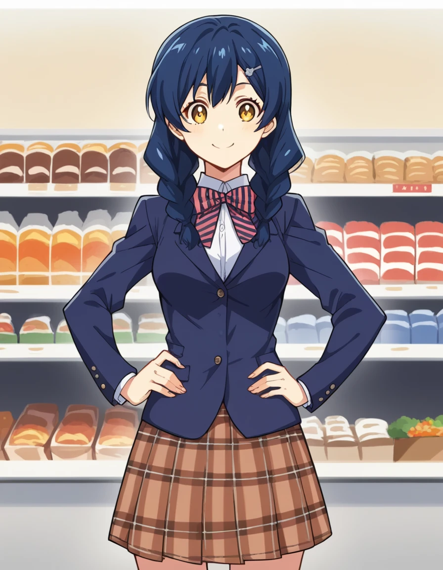 score_9, score_8_up, score_7_up, source_anime, <lora:megumi-tadakoro-s1-ponyxl-lora-nochekaiser:1>, megumi tadakoro, long hair, blue hair, yellow eyes, braid, twin braids, medium breasts,, bow, school uniform, striped, bowtie, blazer, striped bowtie, blue blazer, brown skirt, plaid skirt, plaid,, grocery store, cashier, shopping bag, scanning items, small talk, everyday routine, smile, , hand on hip, solo,, cowboy shot, dutch angle