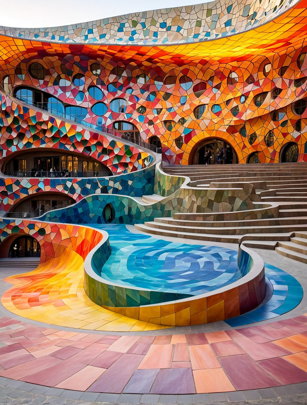 Envision a grand, futuristic amphitheater where Gaudí's flowing, natural forms meet Delaunay’s vivid, geometric patterns. The amphitheater’s exterior undulates with undulating curves and intricate mosaics that mimic the organic shapes of Gaudí's architecture, blending seamlessly into the landscape. The facade is adorned with colorful, overlapping shapes in Delaunay’s signature style, creating a dynamic, radiant pattern. As dusk falls, the amphitheater lights up with vibrant, shifting hues that reflect off its curved surfaces, casting a mesmerizing array of colors across the surrounding area. The interior is a blend of organic shapes and bold, abstract designs, with seating and stage areas flowing into one another in a harmonious blend of structure and artistic expression. The space is bathed in a warm, inviting glow, highlighting the interplay between fluid forms and geometric precision, creating a captivating visual experience.