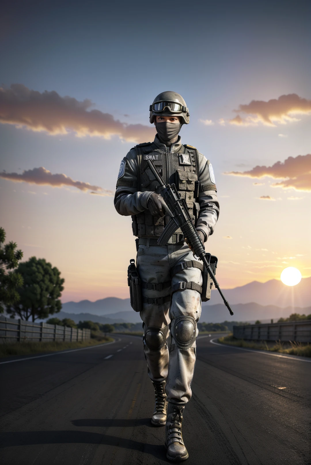 1girl,solo,swat,mask,helmet,bulletproof vest,gloves,m4 carbine,holding weapon,outdoors,((at sunset:1.5)),road,china,full body,Highly detailed,(ultra-detailed),(best quality,masterpiece:1.5),