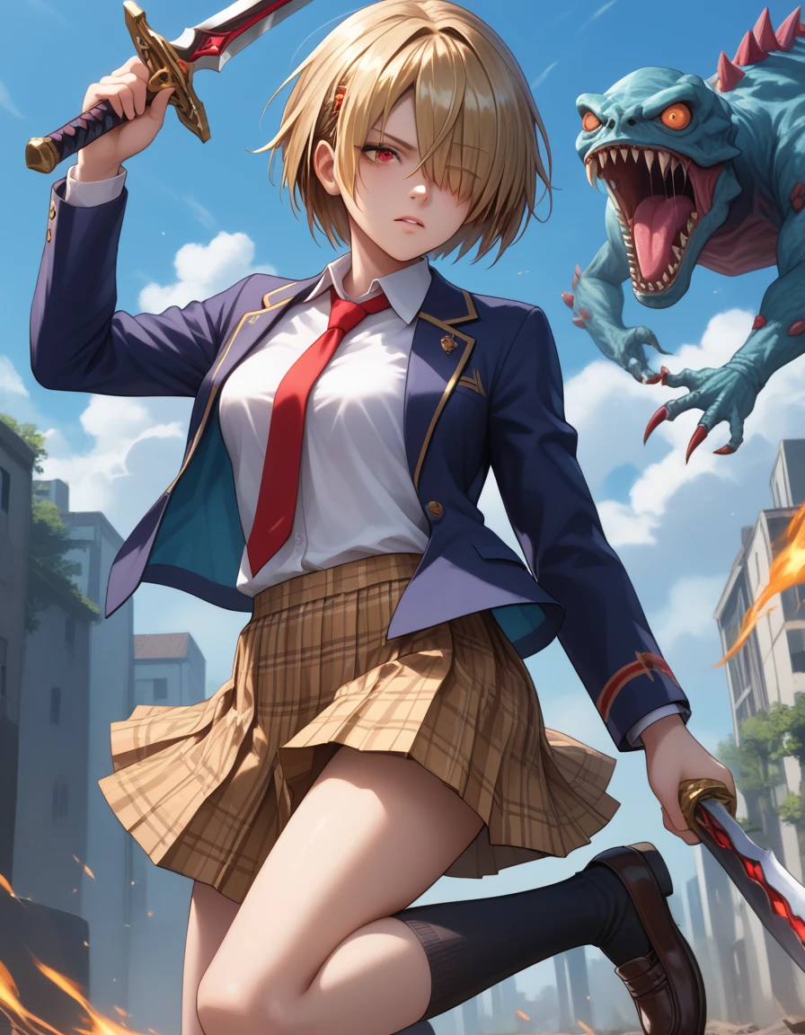 score_9, score_8_up, score_7_up, source_anime, <lora:ruka_PonyXL_V1:.8>1girl, ruka, 1monster, school uniform, blazer, blue jacket,  white shirt, necktie, brown miniskirt, pleated skirt, plaid skirt, black socks, blonde hair,  short hair, red eye, hair coverd one eye, medium breasts, holding swords, attacking monster, device on blazer, jumping spin, thunder effects, shirt out of skirt