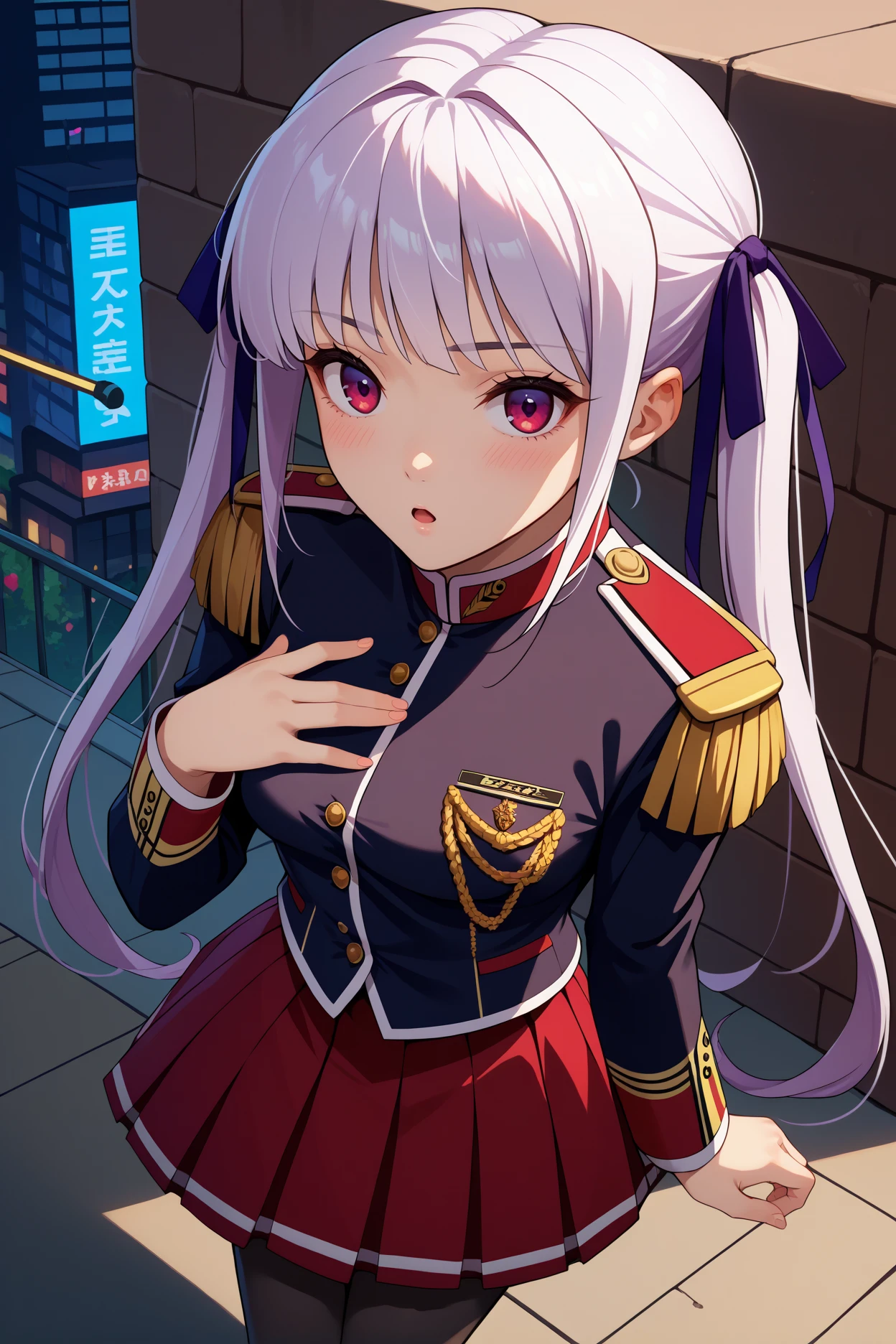 score_9, score_8_up, score_7_up, score_6_up, source_anime, 1girl, solo,  <lora:lisaeostre-pdxl-nvwls-v1-000005:1> lisaeo, white hair, long hair, twintails, purple eyes, red eyes, hair ribbon, black blazer, long sleeves, epaulettes, buttons, red skirt, black pantyhose, medium breasts, blush, looking at you, chestnut mouth, from above, hand to own chest, city, street