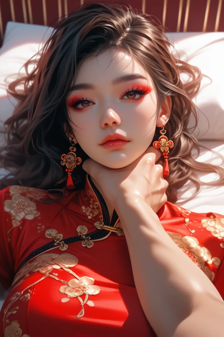 score_9, score_8_up, score_7_up, score_6_up, (asian), hetero, 1girl lying on her back on a bed, wearing a red chinese qipao, looking at viewer, detailed, realistic, low lights, masterpiece, highly detailed, beautiful hair, makeup, jewellery, accessories, neckchoke, 1girl, 1boy, hand on neck, pov choke, frowning, mouth slightly open