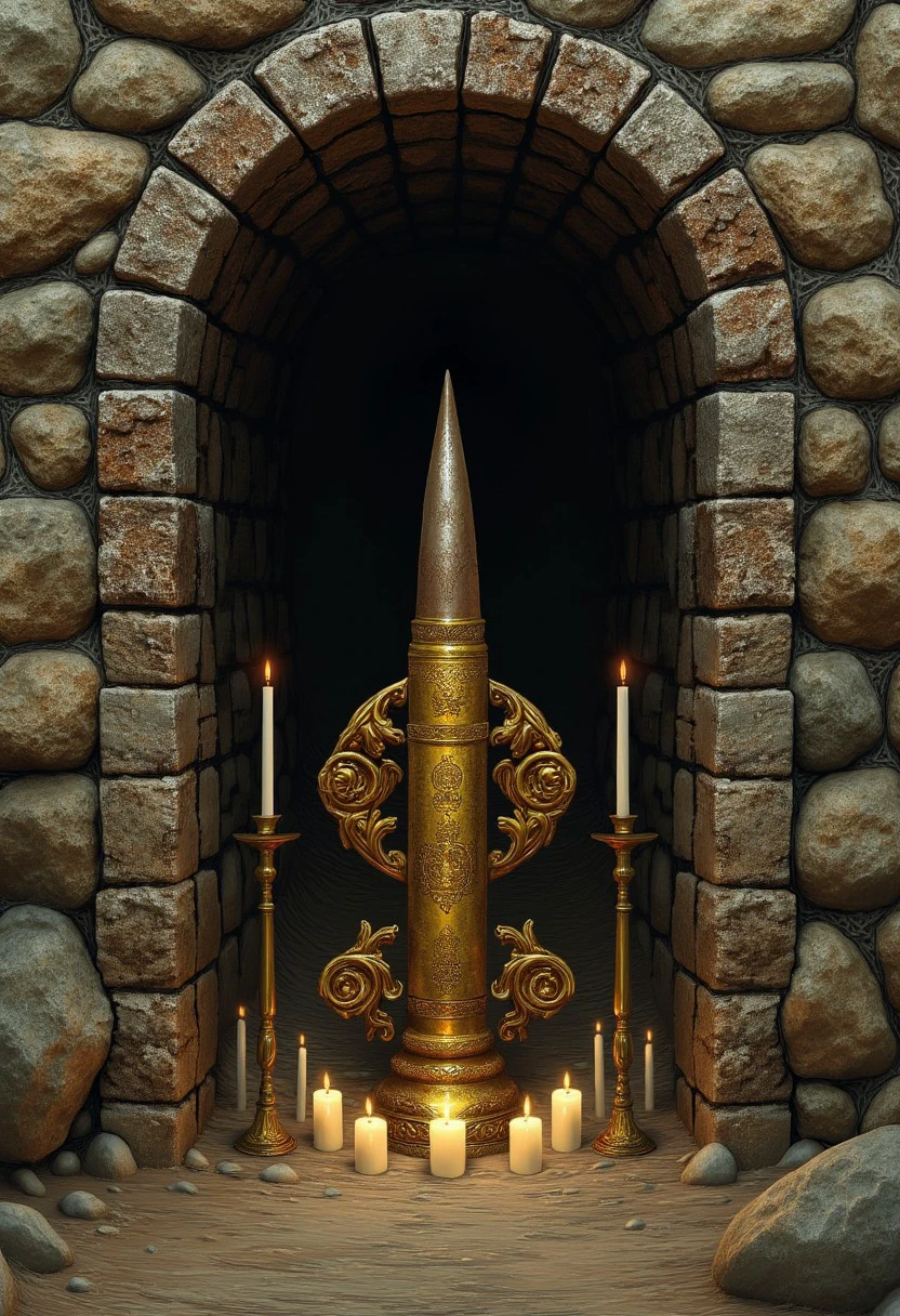 MikeFranchinastyle, gold artillery shell on an alter with candles at the entrance of a military fox hole trench