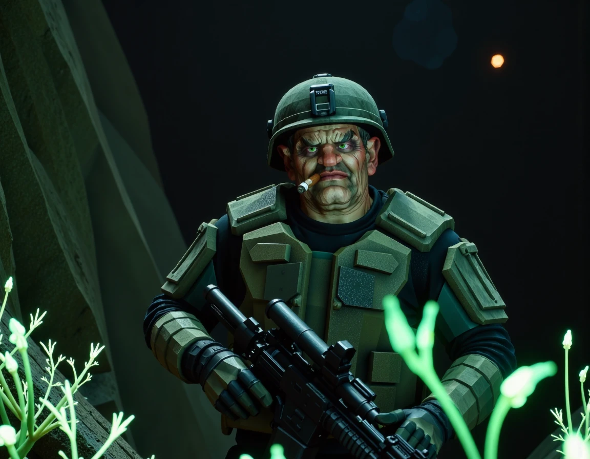 cinematic photo of soldier gunner,  facing the viewer, with clean shave,  smoking a cigar,  wearing military camo armor, wearing military helmet,  holding a Heavy Autocannon, in a dark cave with strange bio-luminescent plants 
 <lora:DeepRock-FLUX-V2-000006:0.9> deeprock