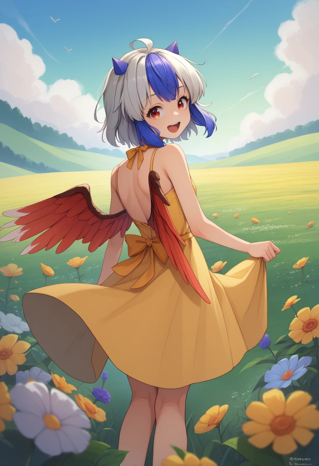 score_9, score_8_up, score_7_up, <break> from behind, solo, 1girl, t0kiko, red wings, bird wings, feathered wings, happy, open mouth, looking back, ahoge, horns, single head wing, yellow sundress, bare shoulders, outdoors, flower field
<segment:yolo-face_yolov8m.pt,0.4,0.5//cid=1>