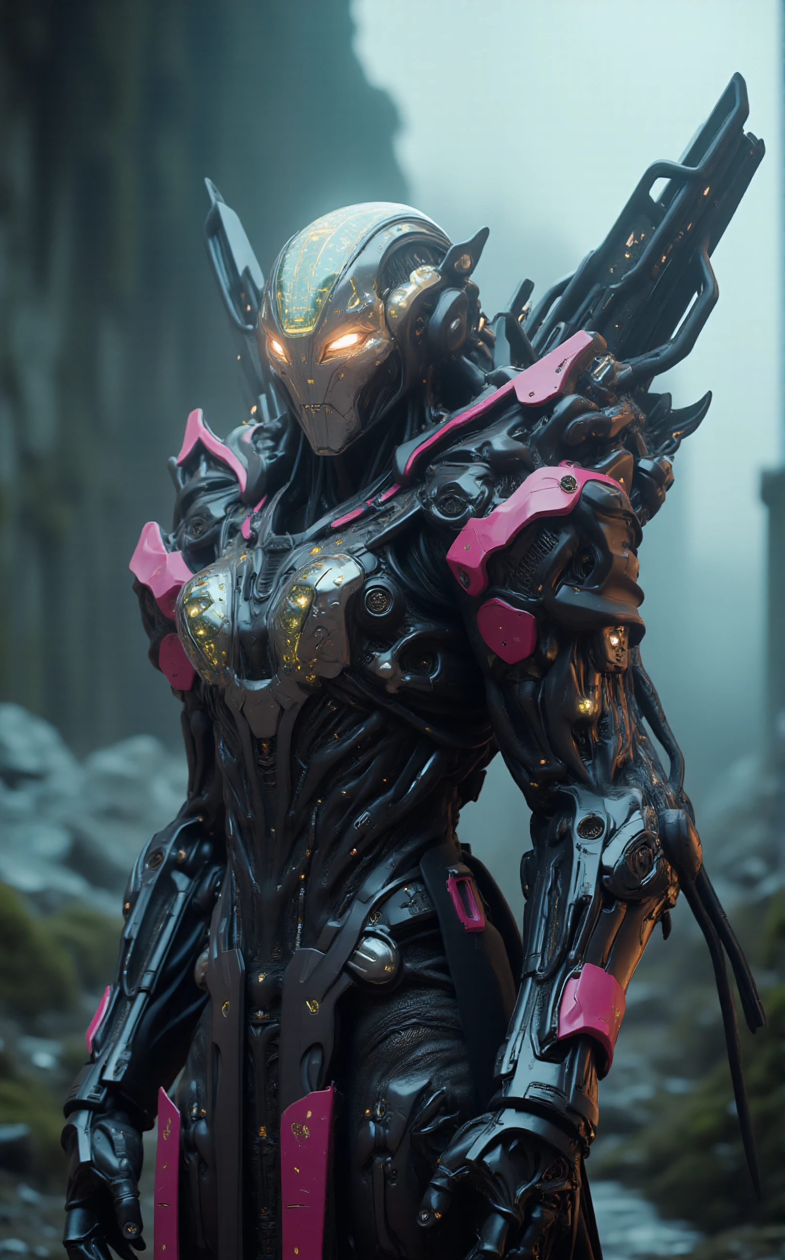 MechArmor, Robot, Power Armor, (off-center composition, close up Portrait), Celestial Seraphic Celestial Goddess in Cyberpunk Exosuit, Dimensional distortion field, reality-altering gear, Bright Pink, Neon Yellow, Aqua, Amidst ancient ruins overgrown by nature, Within a crystalline ice cave, cinematic film still breathtaking MechArmor, Robot, Power Armor . award-winning, professional, highly detailed . shallow depth of field, vignette, highly detailed, high budget, bokeh, cinemascope, moody, epic, gorgeous, film grain, grainy