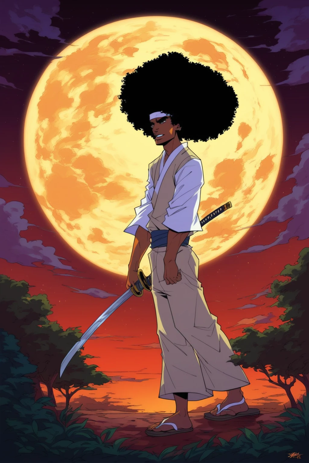 score_9, score_8_up, score_7_up, score_6_up, score_5_up, score_4_up, masterpiece, high quality, BREAK, full body, BREAK, 1boy, <lora:Afro_Samarai:0.9> AfroSamarai, black hair, afro, katana, tanned skin, wood sandals, drawing sword,