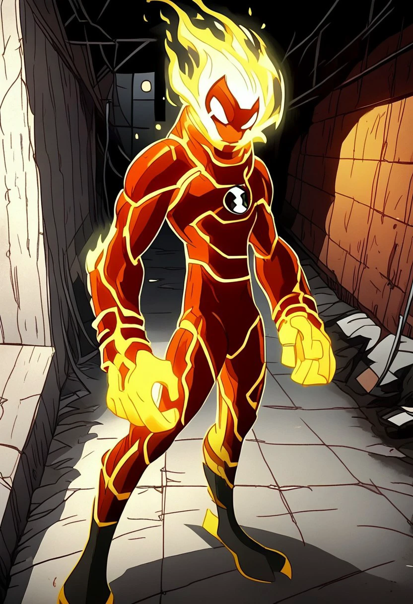 (Solo), 1boy, Alien, Heatblast, fire, Fiery hair, athletic physique, fiery hair, full body, standing straight, no pupils, stand in dark alley,