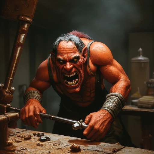 a monster in the style of world of warcraft decends on an unsuspecting blacksmith working on a sword in his smithing room