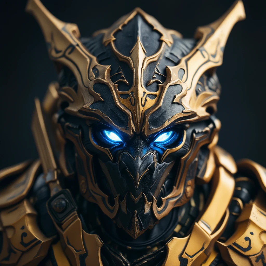 high-detailed photo of protoss robor cat, blue glowing eyes, no mouth, golden armor, 4k, 8k