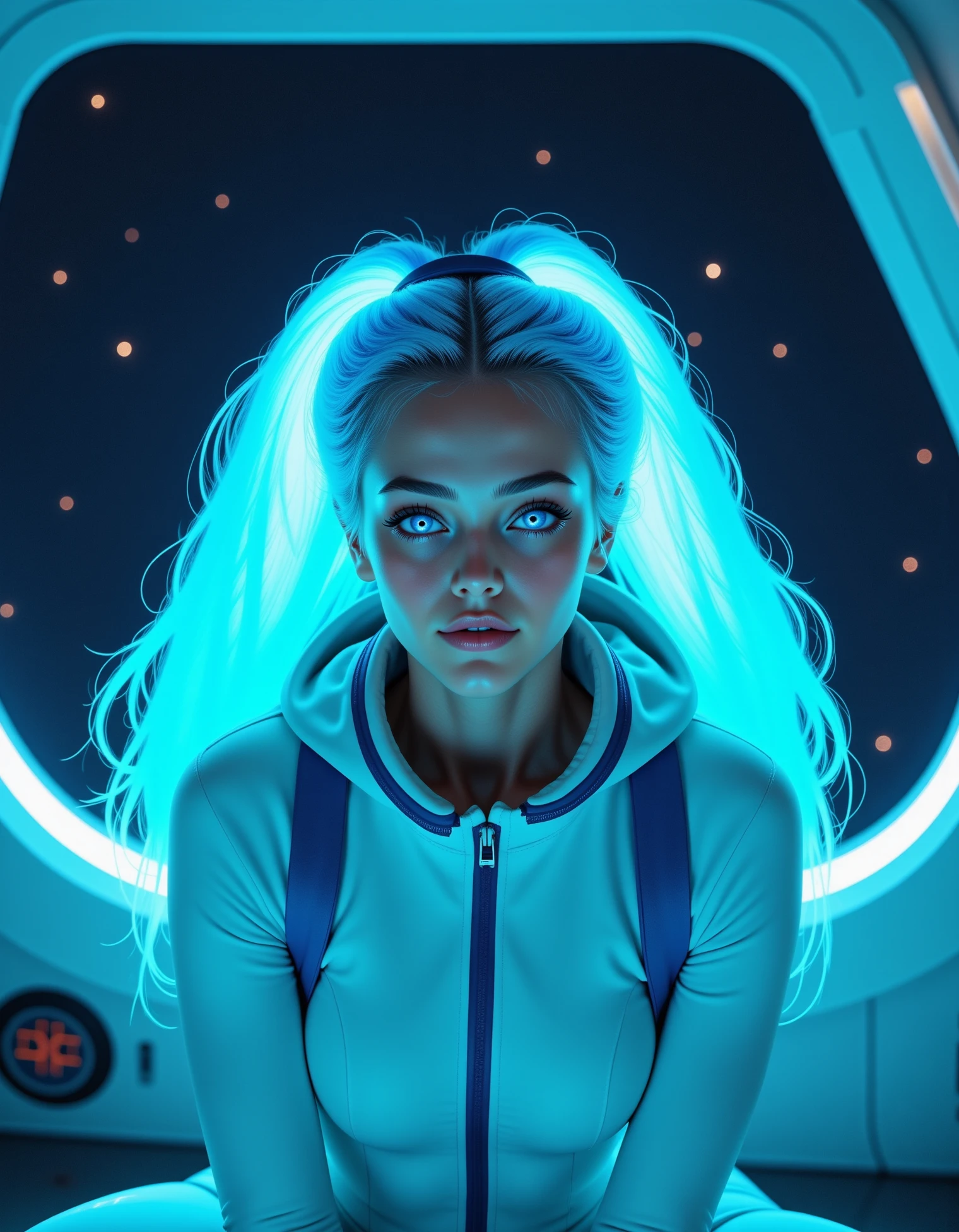 zavy-hrglw, A young woman with neon turquoise glowing hair floats weightlessly in a zero-gravity space station. She wears a form-fitting, white astronaut suit with blue accents that complement her hair. The shot is taken from a close-up angle, capturing her serene expression as she gazes out at the stars through a large window. The soft, ambient lighting inside the station contrasts with the bright, cold light of the distant stars, making her hair the focal point of the image