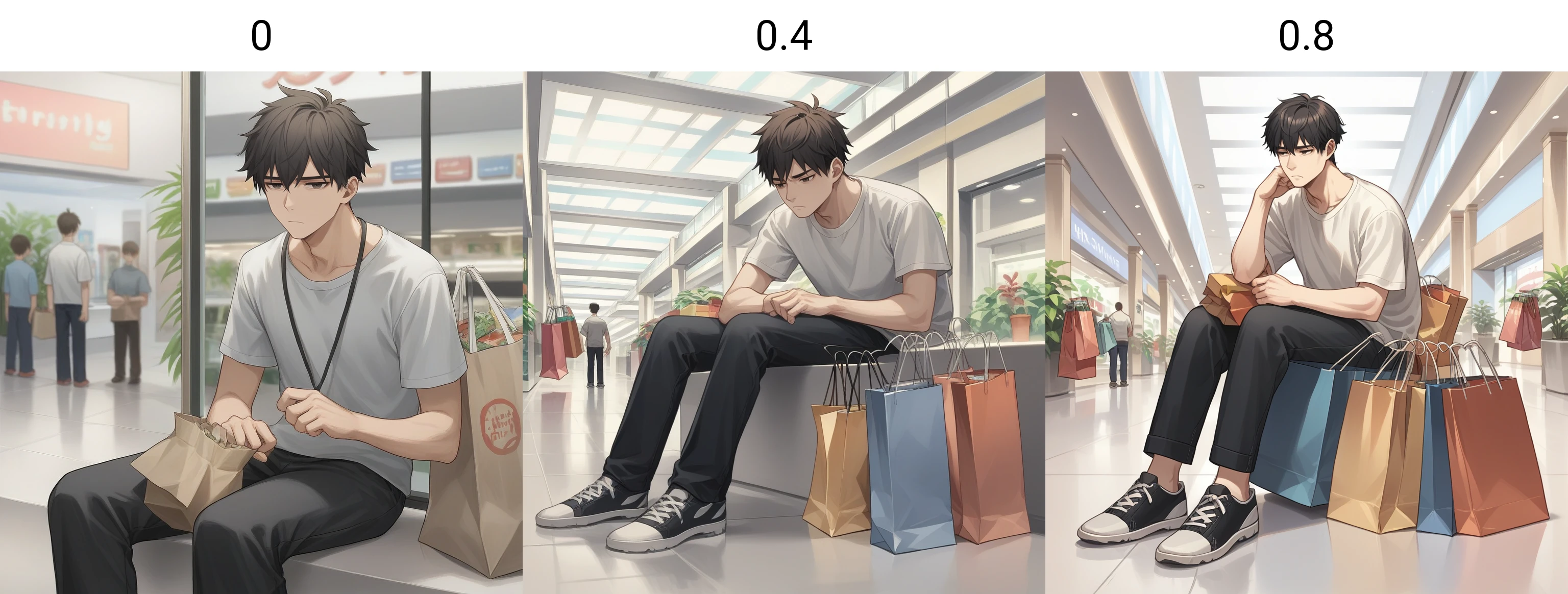 score_9, score_8_up, score_7_up, score_6_up, score_5_up, score_4_up, zPDXL2,source_anime,rating_questionable, 1boy, bored, tired, sitting down, mall, <lora:Shopping_Bags:0> sh0pbags, shopping bag