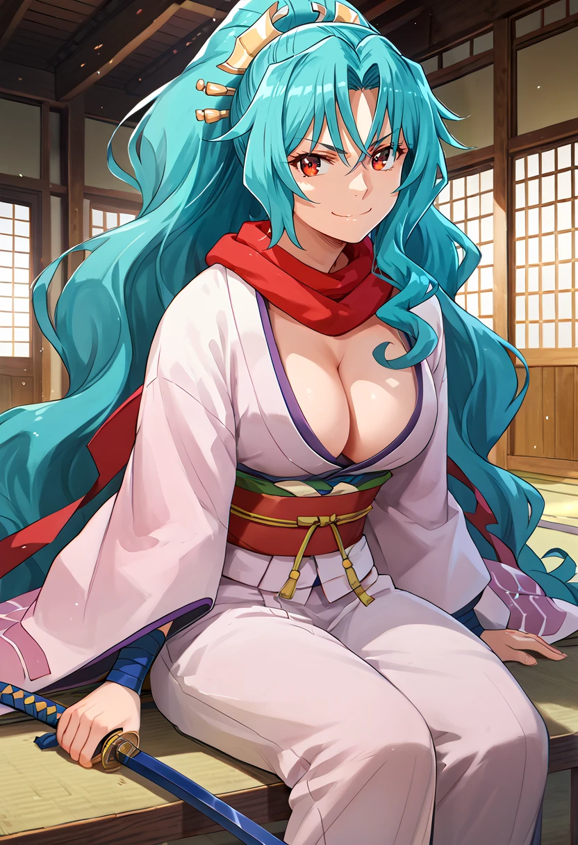 1girl, SH_Tomoe, samurai, japanese clothes, katana, smirk, big breasts, chest bandage, cleavage, dojo, head ornament
score_9, score_8_up, score_7_up, score_6_up
<lora:SH_Mio_Tomoe:0.9>
Sitting with One Leg Bent