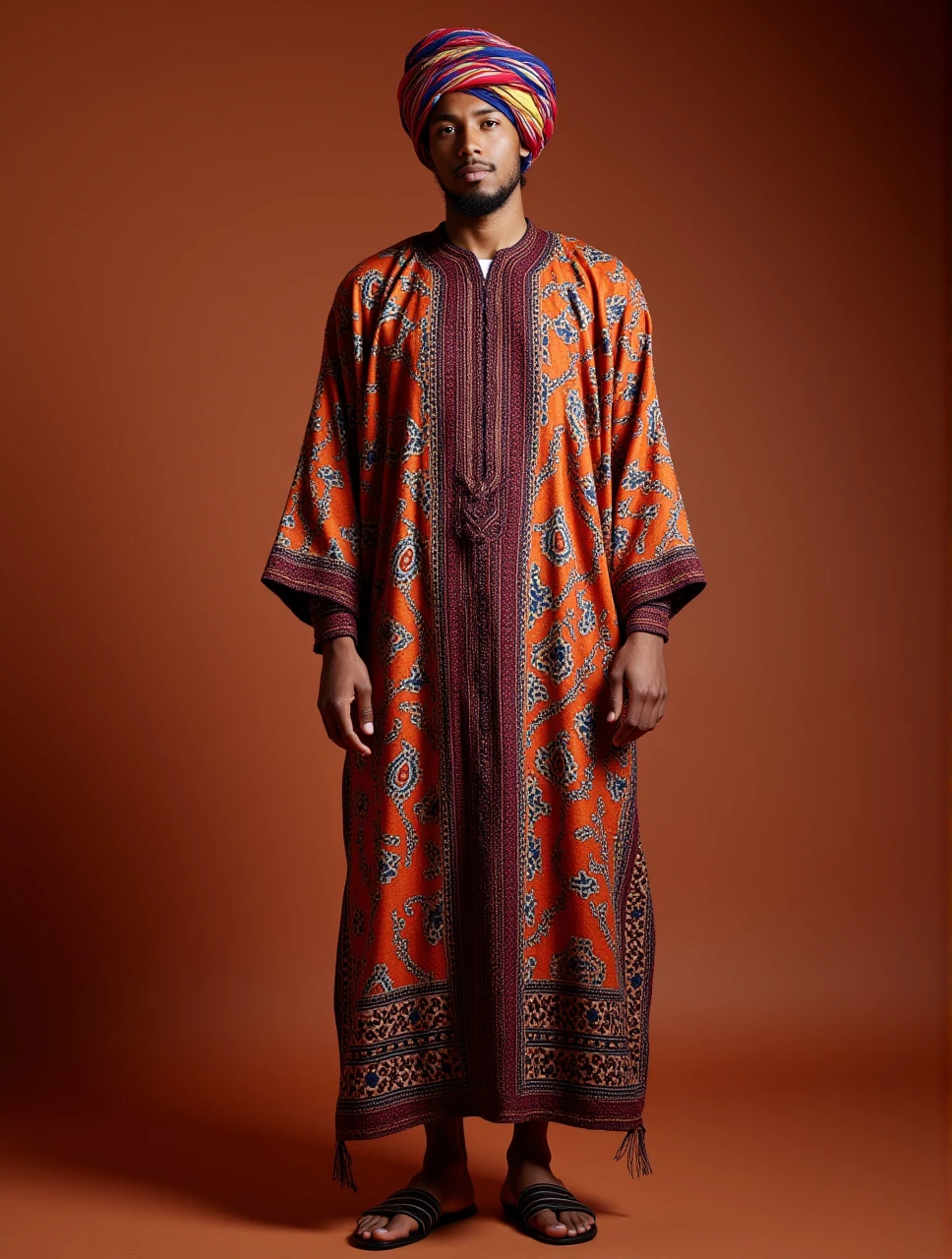 athletic Male, wearing djellaba, his djellaba, Full body portrait, colorful, extremely stylish, rich deep colors, sharp focus, warm light, beautiful detailed supreme quality color intricate

,drr-jlb,wearing djellaba