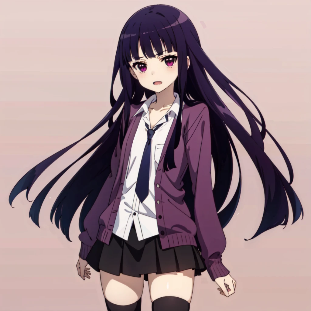 long purple hair,1girl,solo,Purple eyes,thighhighs,long hair,school uniform,skirt,black thighhighs,blunt bangs,zettai ryouiki,<lora:Riricho-v1:1>,best quality,4k,2k,wallpaper,highres,absurdres,looking_at_viewer,no pants,open mouth,upper body,looking at viewer,pink shirt,very long hair,shirt,pink background,collarbone,:3,solo,shirt tug,masterpiece,newest,absurdres,safe,blue necktie,school uniform,suit jacket,
