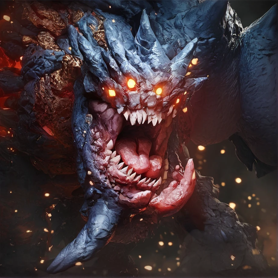 score_9, score_8_up, score_7_up, score_6_up, masterpiece,best quality,(close up shot :1.2)(vicious face:1.2)(monster jaws)((dynamic pose:1.2)),  best quality,  1monster, Behemoth, destroyed facility background,  extreme detail,sharp teeth, thick hide covered in spikes and barbs, glowing body, glowing eyes, monster,<lora:Evolve_Behemoth:0.8>