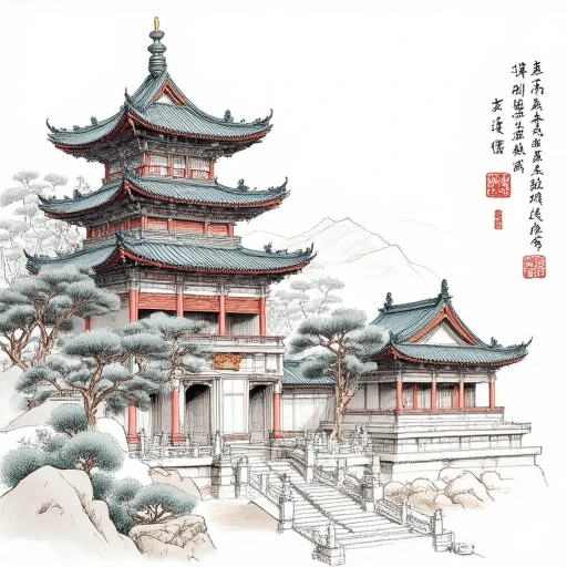 Chinese pagoda, next to an ancient Chinese building, with pine trees on the other side. No human， detailed, Chinese line art