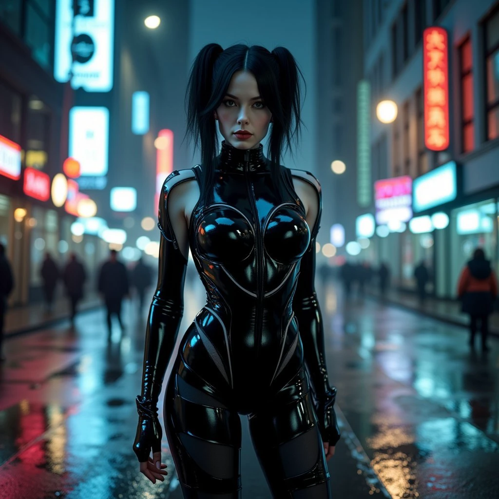 CyberGothGirl, RAW photo, (photo flash:1.5) (fashion photography) (pictorialist style), fashion shot, realistic photo style, sharp focus, (full body shot) of a woman in a black linger suit posing for a picture, 21 year old goth girl, dark goth queen, goth girl, very beautiful goth top model, pale goth beauty, wearing a black bodysuit, gothic horror vibes, with black flowing pigtails, goth woman, skintight black bodysuit,, form-fitting silhouette, iridescent fabric, touch-responsive panels, adaptive color-changing, avant-garde asymmetry, integrated tech accessories, gravity-defying drapes, translucent mesh inserts, biomimetic textures, 3D-printed details, energy-efficient materials, microfiber sensors, minimalist cutouts, modular layering, neural interface compatibility, solar-charging capabilities, rain, (wet fur:1.2), water droplets, puddles, drenched, shimmering, misty air, gray skies, reflective eyes, rainy day, water-soaked, watery world photo location is a night scene from blade runner movie: moviestill, (bright dazzling neon lights:1.3), futuristic skyline, neon-lit alleys, rain-soaked pavement, towering skyscrapers, gritty urban sprawl, synthetic humans, steamy vents, flickering lights, androids in shadows, moody reflections, artificial intelligence, techno-noir setting, dark mysteries, urban decay, rain-slicked streets, augmented reality, electronic hum, metropolitan dystopia, urban isolation, polluted skies, neon glow, haunting alleys, tech noir ambiance,