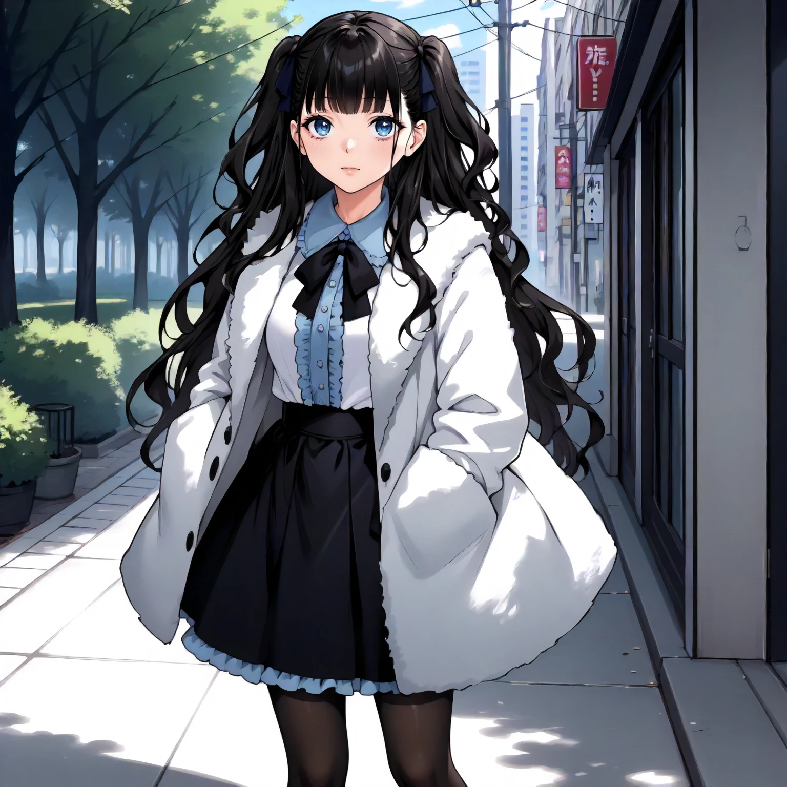 <lora:JJtYM_YusaXLpony002>,
outdoors,
solo,
Yusa,1girl,black hair,long hair,two -side up,blue eyes,
fur coat,white shirt,frilled_shirt,high west skirt,pantyhose,