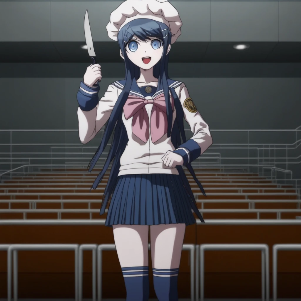 Sayaka Maizono wearing her uniform from Danganronpa 1, and she is standing in the middle of the frame. Sayaka has a blue skirt and her legwear consists of navy thigh-high socks, the edges striped with a white line, and dark brown Mary Janes with silver buckles. Her school crest is printed in gold on her collar flap and her left sleeve.She is looking to the right side of the frame. She's holding a plate of spaghetti and meatballs that has a knife sticking up in the middle and has a big white chef's hat on, a toque blanche. Her expression is gleeful and she seems proud of her meal. She's standing in an auditorium that has metal bleachers. The walls are gray and the bleachers are a dark blue. The image is a screencap from the anime Danganronpa: The Animation. The lighting is bright with the sun shining down from a window. Sayaka's full body is in the frame.