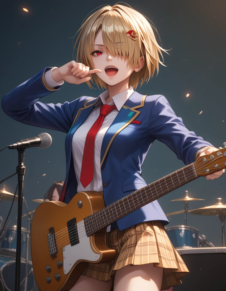 score_9, score_8_up, score_7_up, source_anime, <lora:ruka_PonyXL_V1:1>ruka, school uniform, blazer, blue jacket,  white shirt, necktie, brown miniskirt, pleated skirt, plaid skirt, black socks, blonde hair,  short hair, red eye, hair coverd one eye, medium breasts, on stage, playing guitar, singing