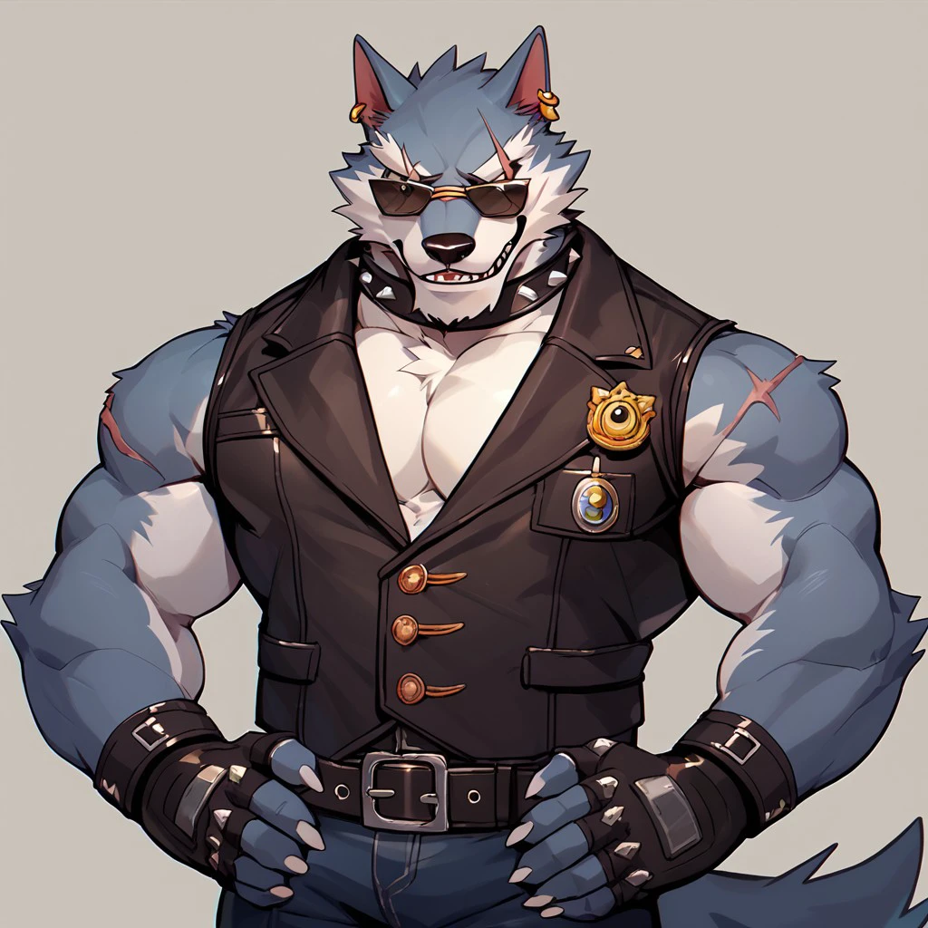 score_9, score_8_up, score_7_up, freddy, wolf boy, 1boy, solo, belt, scar, earrings, furry, bara, sunglasses, fingerless gloves, vest,                            <lora:Freddy:1.0>