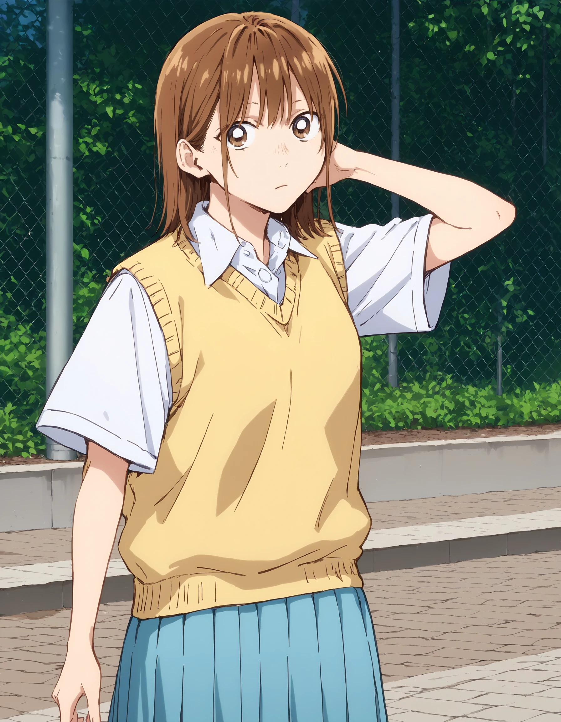 score_9, score_8_up, score_7_up, source_anime
BREAK 1girl, solo, <lora:ChinatsuXL-v5:1>, chinatsu, brown hair, brown eyes, school uniform, white shirt, collared shirt, short sleeves, yellow sweater vest, blue skirt, pleated skirt, pose, outdoors