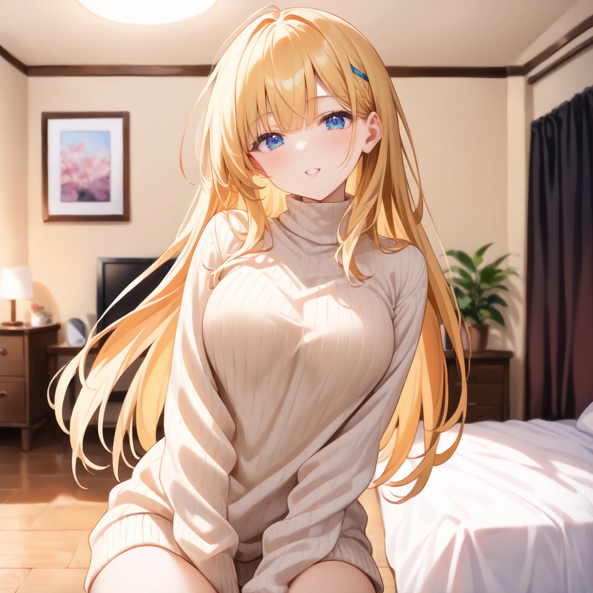 masterpiece, best quality, source anime, 1girl,turtleneck sweater, looking at viewer, indoors