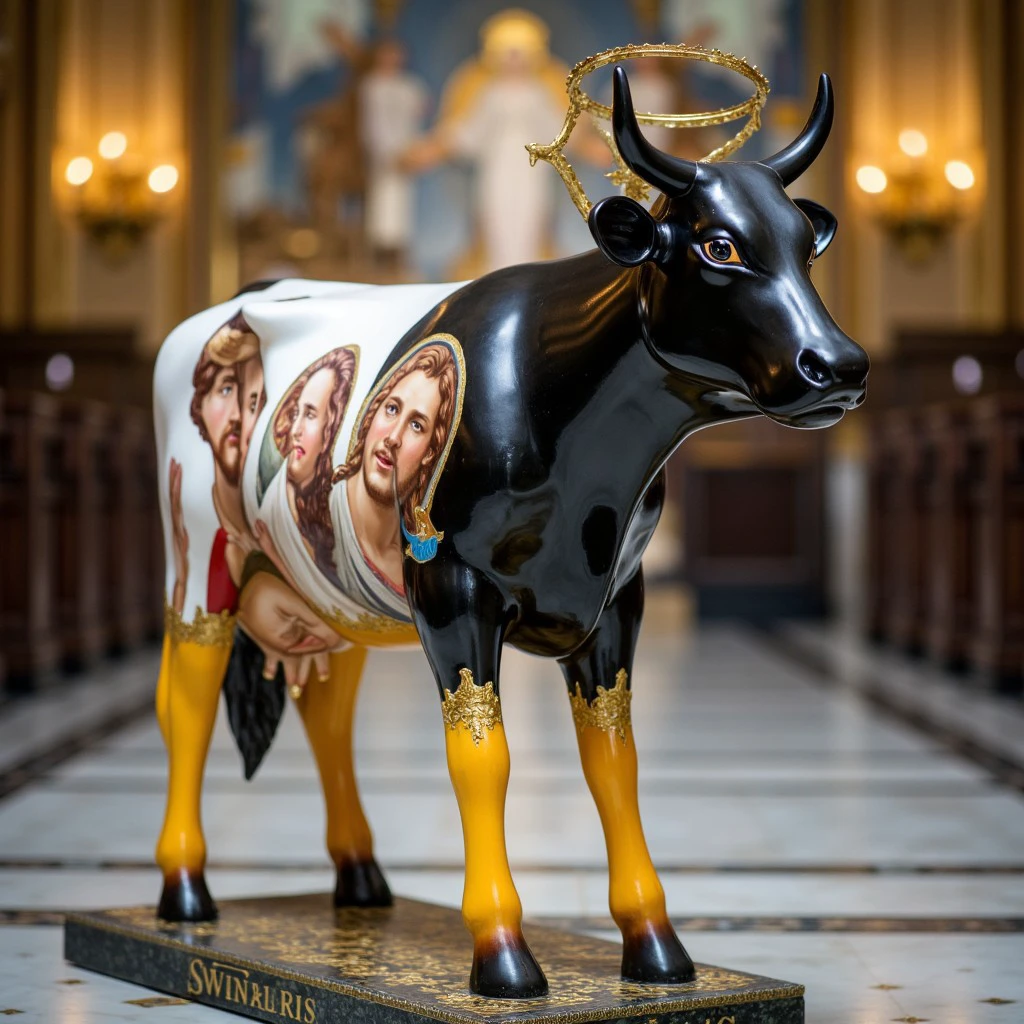 This image is a photograph of an artistic sculpture of a cow, which has been painted with a striking and modern style. The cow is predominantly black and white, with vibrant golden accents on its legs and tail. The body of the cow is adorned with intricate, hyper-realistic depictions of biblical figures, creating a surreal and somewhat disturbing effect. The cow's head is adorned with a bright halo and it has wings on its back. The texture of the sculpture is smooth and glossy, giving it a polished, almost metallic appearance. The background of the photograph is a blurry view of a cathedral interior. The overall style of the artwork is a blend of realism and surrealism, with a focus on the juxtaposition of animal and angelic elements.