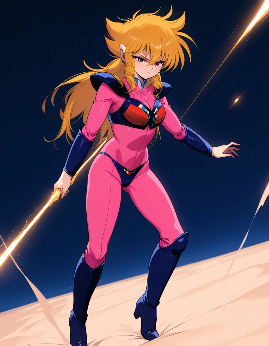 <lora:iczer1_Pony_XL_V1:1>iczer1, beam from hand, pink body suit, arm guards,  bikini armor, armor light indicator, kneehigh boots, out of earth,