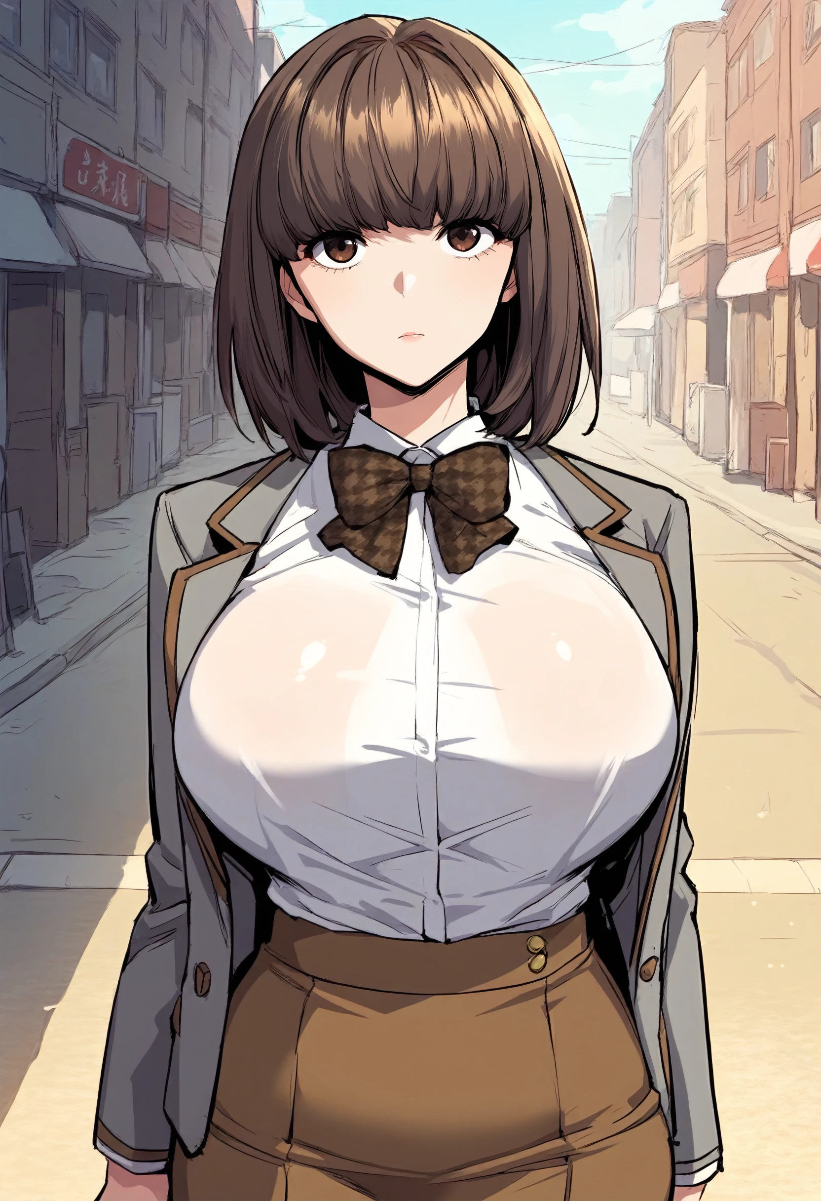 score_9, score_8_up, score_7_up, score_6_up, source_anime, rating_explicit, 1girl, solo, huge breasts, <lora:Yu Dayun prefectPonyxl:0.9> brown hair, medium hair, bob cut, brown eyes, school uniform, plaid bowtie, brown bowtie, grey jacket, white shirt, collared shirt, long sleeves, brown skirt, pencil skirt, expressionless, street, outdoors, looking at viewer