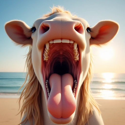 no bodyhorror, smile, photographic artstyle, sun in front of cow, cow teeth, realistic, detailed tongue, blond hair, beach background, no deformation, cute, bright, Pov view into oral cavity wide open, front view, large oral cavity, species:cow, slim face, female humanoid cow, empty oral cavity, smooth cheeks, slim jaw, realism, smooth gums, highly detailed, masterpiece, high quality, normal anatomy, palatine uvula, silky tongue, staphyle, throat dangler