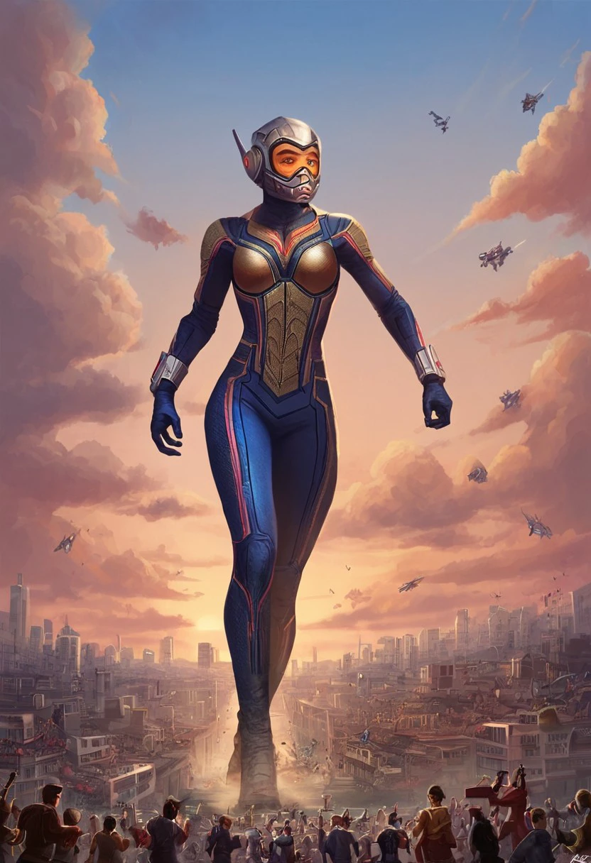 hopevandyne, bodysuit, helmet, goggles,  standing on a street, city, crowd,  full body image ,sky, clouds, score_9, score_8_up, score_7_up, score_6_up, score_5_up, score_4_up, giantess, extreme size difference, city, elegant pose, sparks, malfunctioning suit, walking