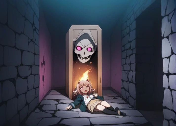 <lora:Chiaki_Nanami_SDXL:1>, This anime screencap is from Danganronpa the Animation. Chiaki Nanami is wearing her uniform from Danganronpa 2. Chiaki's hair slightly curls outwards, though the locks on either side of her face curl inwards. Chiaki Nanami's hair is a dusty light pink that is almost light brown. She has short straight bangs split towards the right, a white Galaga hairclip pinned to a lock of her hair. She has blossom pink eyes. She wears a white button-up shirt with a dark teal-gray front placket. She wears a light pink ribbon tied around her neck in a bow, with a pale beige pleated skirt. This also includes a one-button dark teal-gray hooded cardigan with gray horizontal lines running across the hem and sleeves, the Hope's Peak crest on the chest pocket. She also sports black thigh-high socks and light pink Mary-Jane style shoes with white soles. Chiaki Nanami is holding a burning torch in one ofher hands to light her way. Chiaki Nanami stands in a strange room within a haunted castle. Upright coffins line both the left and right sides of this small room. All but one of the coffins are open. The coffin on the far right and furthest back is closed. A menacing pink demon is on the left side of the image, emerging from an upright coffin. The demon has horns, a muscular body, and appears to be reaching out towards the right. On the right side of the image is Chiaki Nanami. Chiaki Nanami is reacting to the demon's presence. The background shows stone walls. A strange green ooze emerges from one of the open coffins and pours onto the ground between Chiaki Nanami and the demon. There is a mummy in one of the upright coffins on the right of the image, closest to Chiaki Nanami.