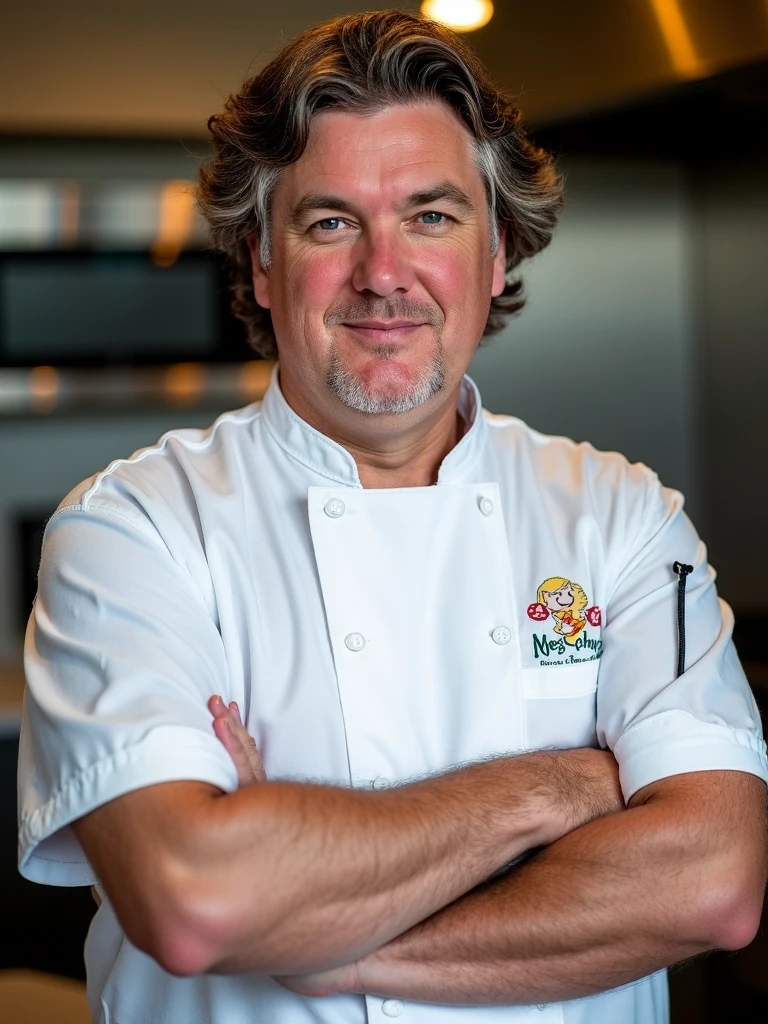 jamesmay, posing in the kitchen, chef outfit