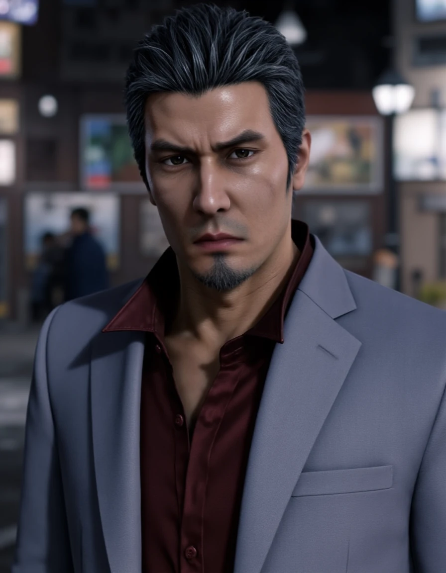 <lora:Kazuma_Kiryu_IW:1> Portrait of Kazuma Kiryu. He has slicked-back hair and wears grey suit and red shirt. The background implies Japanese city street at night.