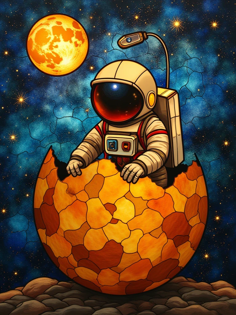 stainedglassstyle, a tiny astronaut hatching from an egg on the moon