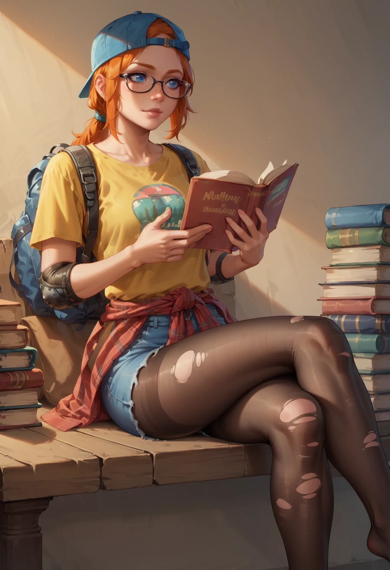 indoors
<lora:holly-b4b:0.7> holly-b4b, orange hair, blue eyes, low ponytail, freckles
yellow shirt, short sleeves, hat, belt, torn pantyhose, backwards hat, elbow pads, clothes around waist, backpack
reclining, crossed legs, glasses, reading a book, zPDXL2, score_9, score_8_up, score_7_up, score_6_up, score_5_up, anime, anime style,