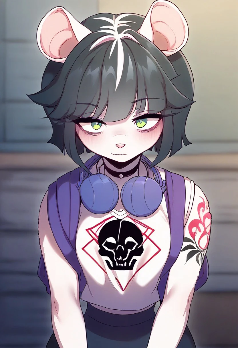 Expressiveh, source_furry, score_9, score_8_up, score_7_up,( best quality:1.2), high quality, good anatomy, high res, nice shading, masterpiece, evelyn, rat, 1girl, mouse ears, mouse tail, black hair, short hair, bangs, green eyes, bags under eyes, eyes visible through hair, tattoo, arm tattoo, black chocker, white shirt, shirt, pants, no sleeves