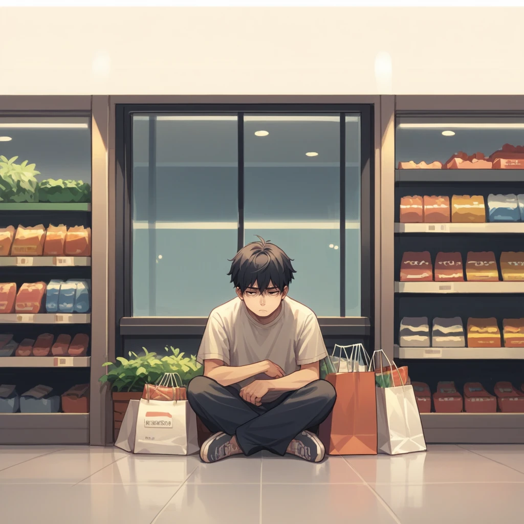 score_9, score_8_up, score_7_up, score_6_up, score_5_up, score_4_up, zPDXL2,source_anime,rating_questionable, 1boy, bored, tired, sitting down, clothes store, <lora:Shopping_Bags:0.8> sh0.8pbags, shopping bag