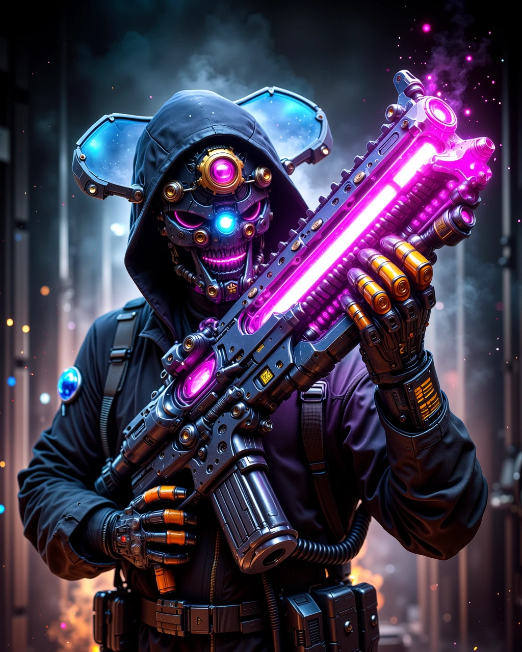 tactical breach wizard, wearing magical techwear, holding spellcaster gun with dak magic powercore, vault setting