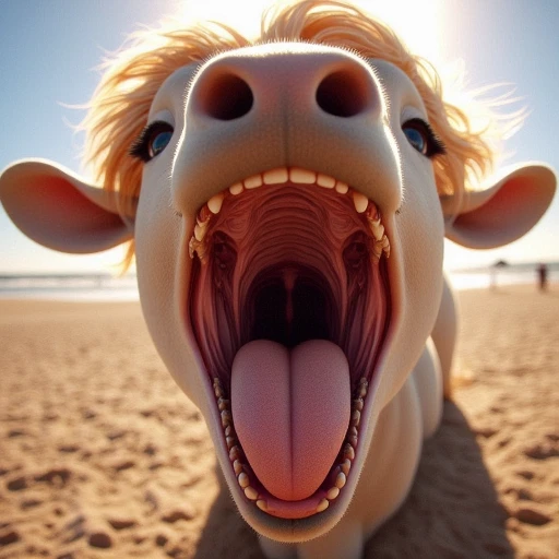 no bodyhorror, smile, photographic artstyle, sun in front of pony, pony teeth, realistic, detailed tongue, blond hair, beach background, no deformation, cute, bright, Pov view into oral cavity wide open, front view, large oral cavity, species:pony, slim face, female humanoid cow, empty oral cavity, smooth cheeks, slim jaw, realism, smooth gums, highly detailed, masterpiece, high quality, normal anatomy, palatine uvula, silky tongue, staphyle, throat dangler