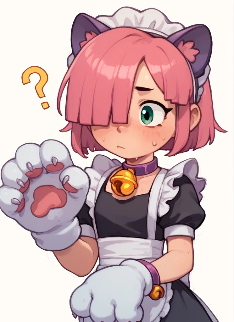 score_9, score_8_up, score_7_up  , <lora:pawlette:1> 1girl, human , pawlette ,animal ears, pink hair,  hair over one eye, maid headdress,  bracelet  ,necklace,  neck bell,  maid,  short dress,  White Stockings , paw gloves,solo  ,  <lora:PossumMachine:1>posmach    , confused, ??? ,sweat, simple background,