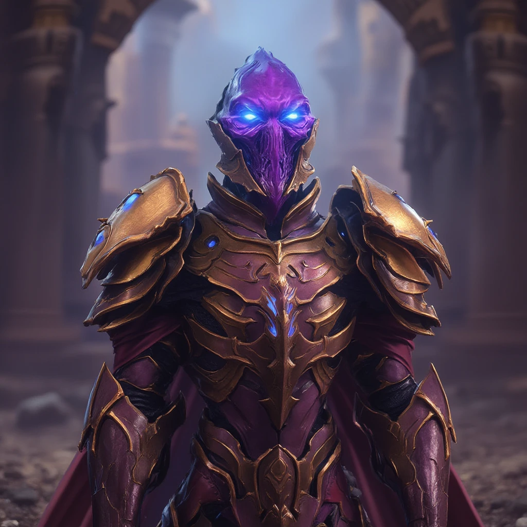 high-detailed photo of protoss knight standing in front of castle walls, purple skin, blue glowing eyes, no mouth, golden armor, 4k, 8k