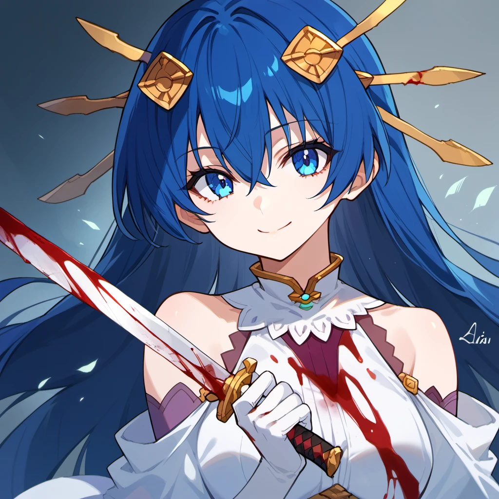 score_9, score_8_up, score_7_up, source anime, lia parapara leazas, 1girl, long hair, solo, blue eyes, white gloves, blood, blue hair, weapon, elbow gloves, bare shoulders, hair ornament, smile, white dress, sword, looking at viewer, upper body, closed mouth, holding, hair between eyes, blood on weapon, headgear, detached sleeves, <lora:liya-xl-pony-v1:1>,