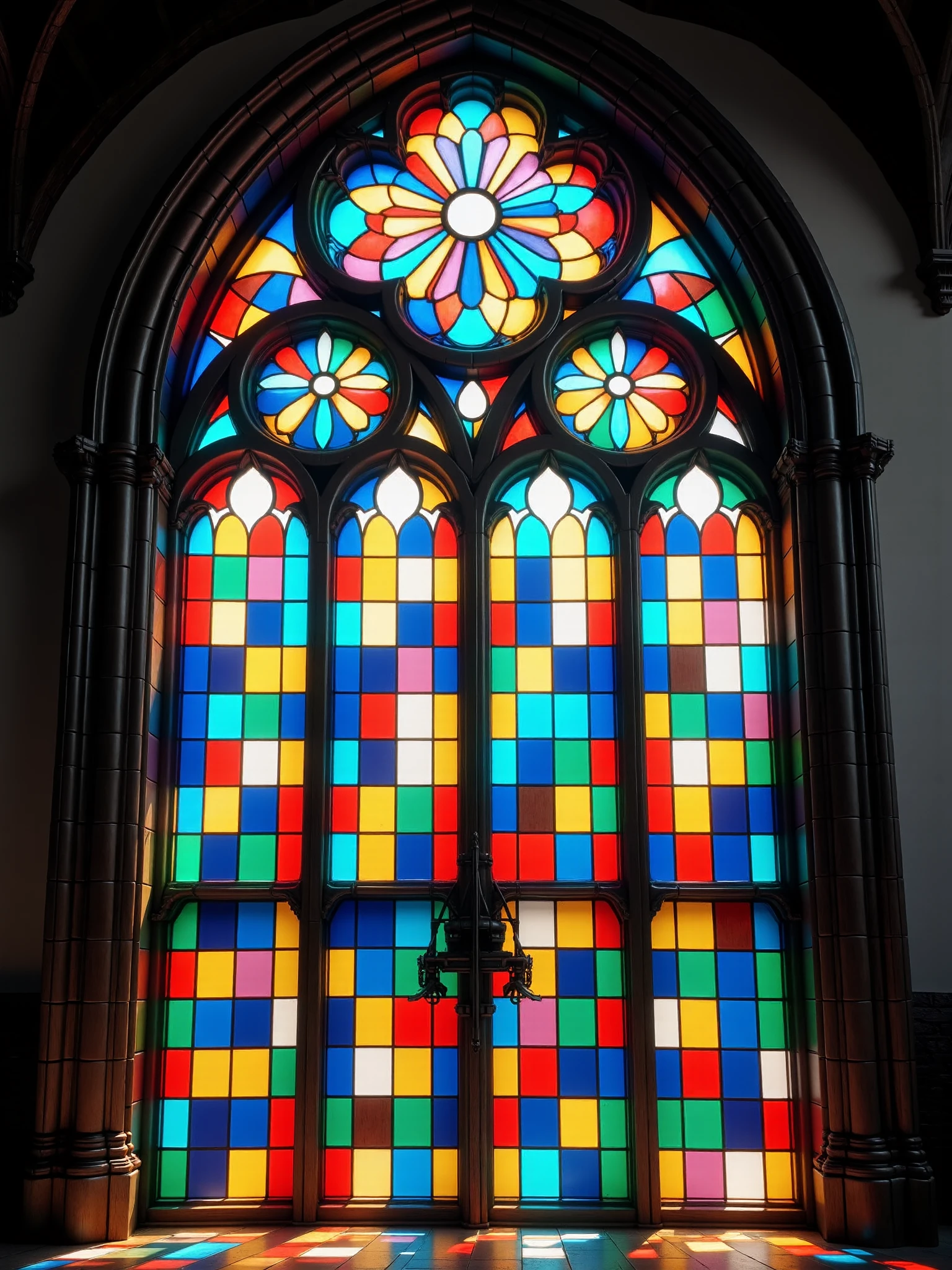 mad-clrflchckr stained glass window in a church, lightray <lora:colorful-checker-flux:1.2>