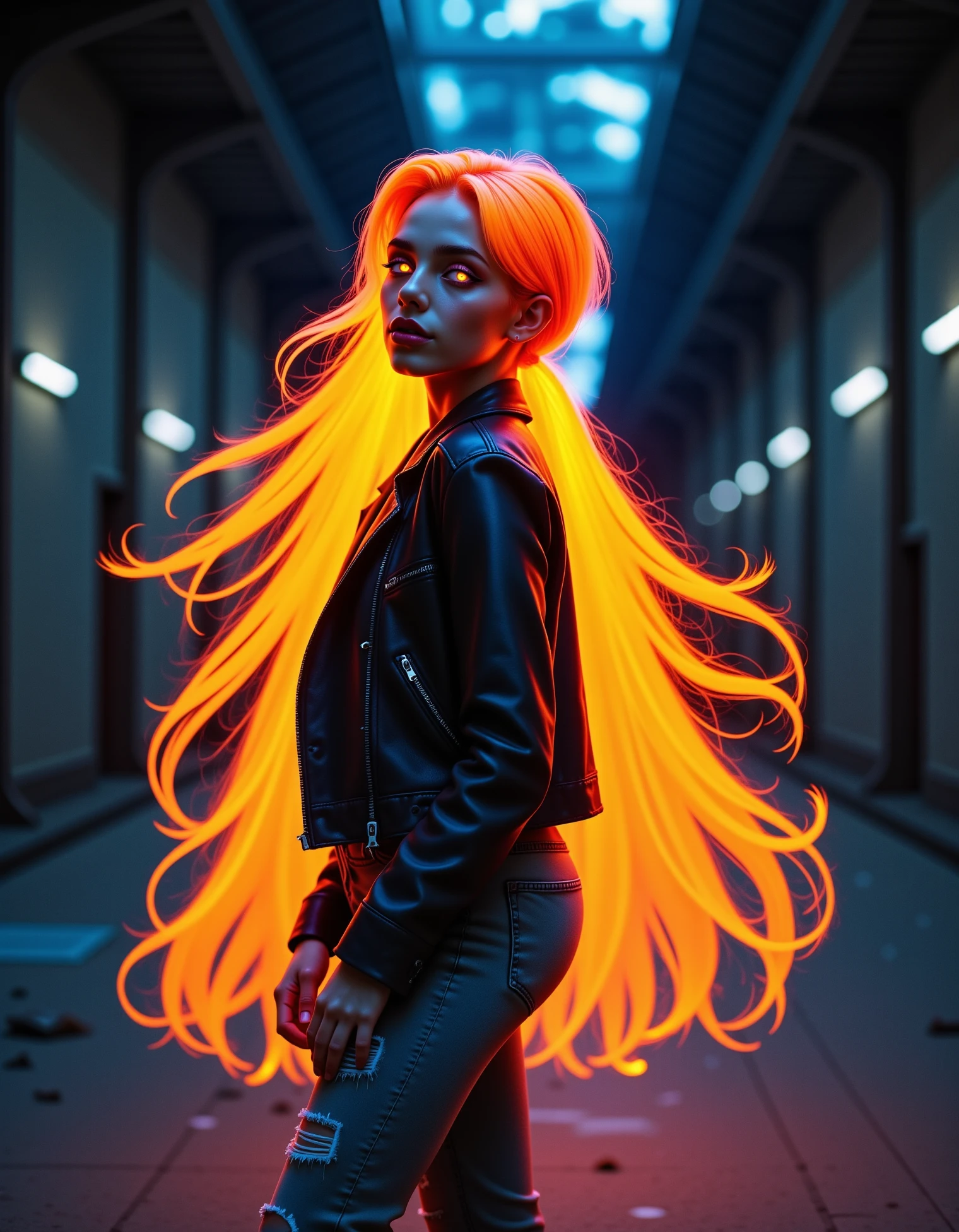 zavy-hrglw, A young woman with fiery, neon orange glowing hair dances in the middle of a dark, abandoned warehouse, her hair trailing like flames. She wears a black leather jacket and ripped jeans, blending urban style with an otherworldly presence. The shot is captured from a wide angle, with her spinning movement creating dynamic motion blurs in the dim light. Spotlights from above cast sharp contrasts, highlighting the glow of her hair against the dark background